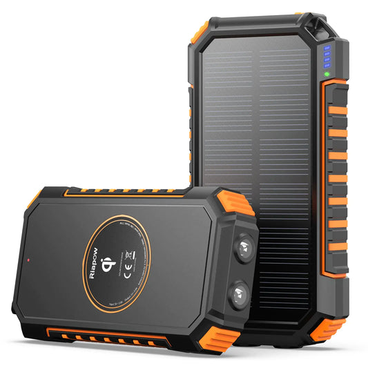 Chargeur solaire Riapow 26 800 mAh, chargeur portable sans fil avec entrée/sortie USB-C, charge rapide 3,0 A, 4 sorties pour téléphones portables, batterie externe avec double lampe de poche pour le camping