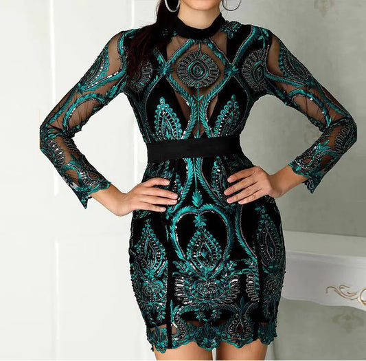 Robe moulante à manches longues et paillettes, nouvelle tendance 2020