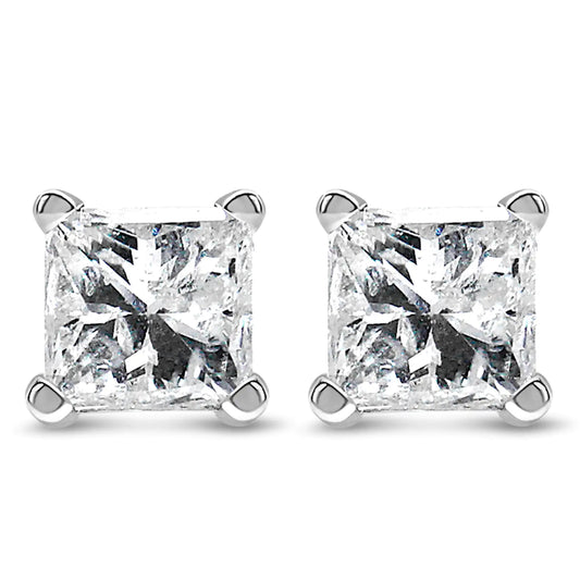 Boucles d'oreilles à tige en or blanc 14 carats avec diamant solitaire taille princesse (couleur FG, pureté VS2-SI1)