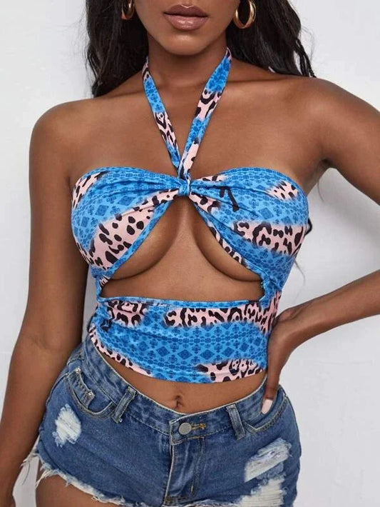 Haut dos nu à volants et motif camouflage floral pour femme